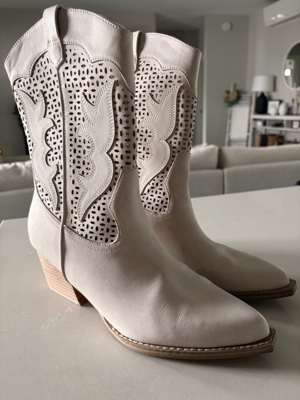 Dolce Vita Cream Laser-Cut Western Mid-Calf Boots